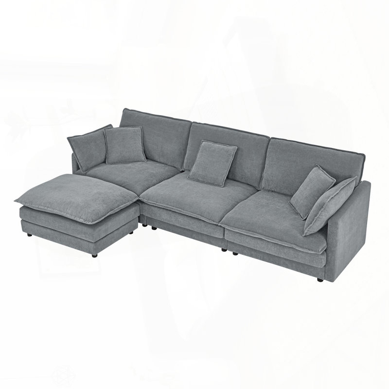 Canapé modulaire en L avec repose-pieds - Tissu convertible 4 places, serviette, Gris