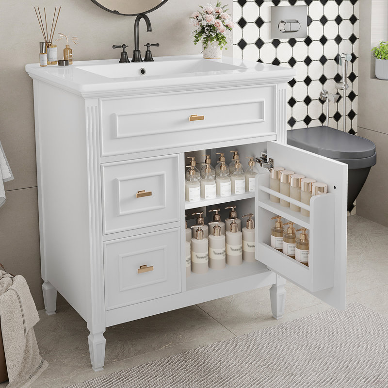 30" Bathroom Vanity With Sink, Bathroom Vanity Cabinet With One Flip Drawer And Two Drawers, Adjustable Shelf, White