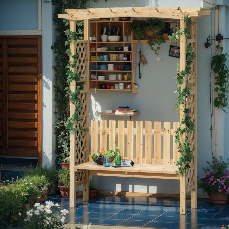 Tonnelle de jardin en bois naturel: support pour plante grimpante et banc