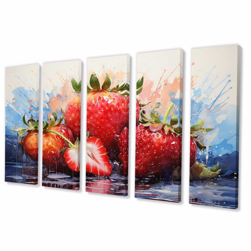 Luscious Strawberries II - fruits, art mural sur toile - 5 panneaux égaux