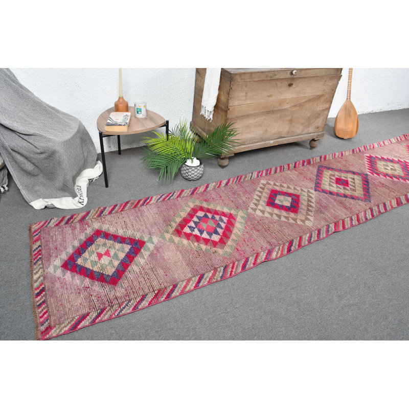Bohemian Style Handwoven Traditional Diamond Patterned Turkish Runner Rug for Home Decor Pink/Green