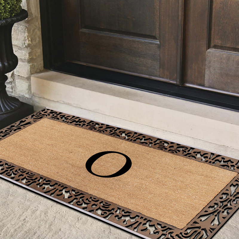 Dyari Natural Coir & Rubber Paisley Border Monogram Non-Slip Door Mat, 30"x60", Bronze, Heavy-Duty Low-Profile Outdoor Front Porch