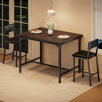 Ensemble de table de salle à manger pour 2 personnes avec repose-pieds et dossier, table en bois avec protecteur d'angle en métal, 2 chaises de bar rembourrées en polyuréthane, petit coin-repas compact
