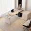 Bureau à 3 tiroirs en pierre frittée en forme de L beige + blanc-297763619-297763613