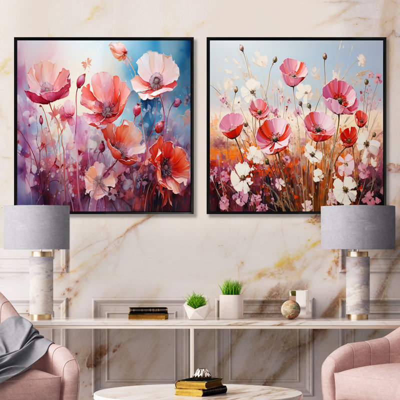 «Pink Crimson Flower Meadow Field», ensemble de 2 collages floraux carrés, Cadre flottant noir, H 16 po x l 33 po