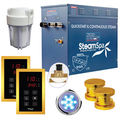 Ensemble de générateur de bain à vapeur à démarrage rapide Steamspa Royal Series 12 kW avec drain automatique intégré en or brillant