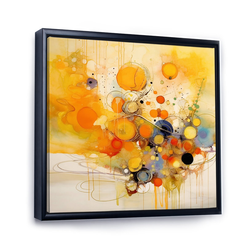Orange et jaune, tourbillons de couleur II - Minimalisme abstrait, art mural, H 12 po x l 20 po x P 1 po, Cadre flottant noir