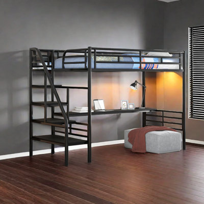 Structure de lit mezzanine en métal avec bureau, aucun sommier nécessaire, simple, noir