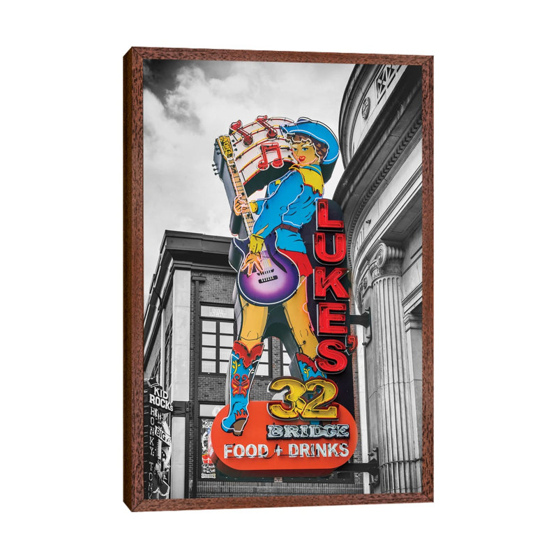 Nashville Lukes Neon Sign by Susanne Kremer - Print on Canvas, Classic Brown Wood Floater Framed