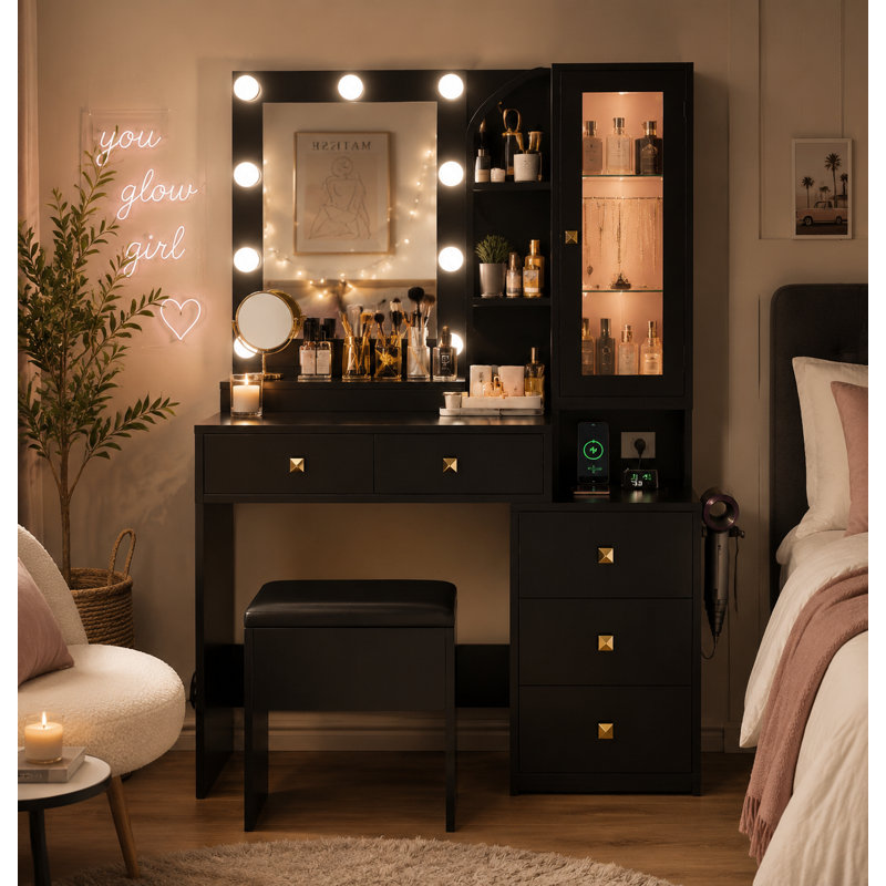 Bureau de coiffeuse avec miroir et lumières, coiffeuse de maquillage avec 5 tiroirs et organisateur de bijoux caché, Noir