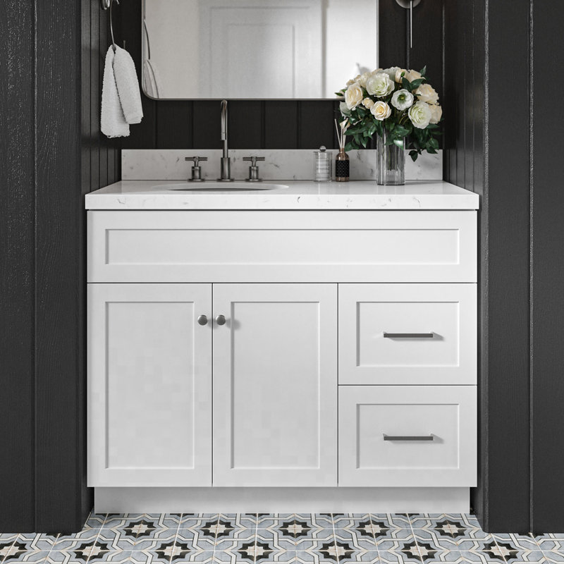 Meuble-lavabo sur pied simple 42 po avec plateau en quartz Abell, Blanc