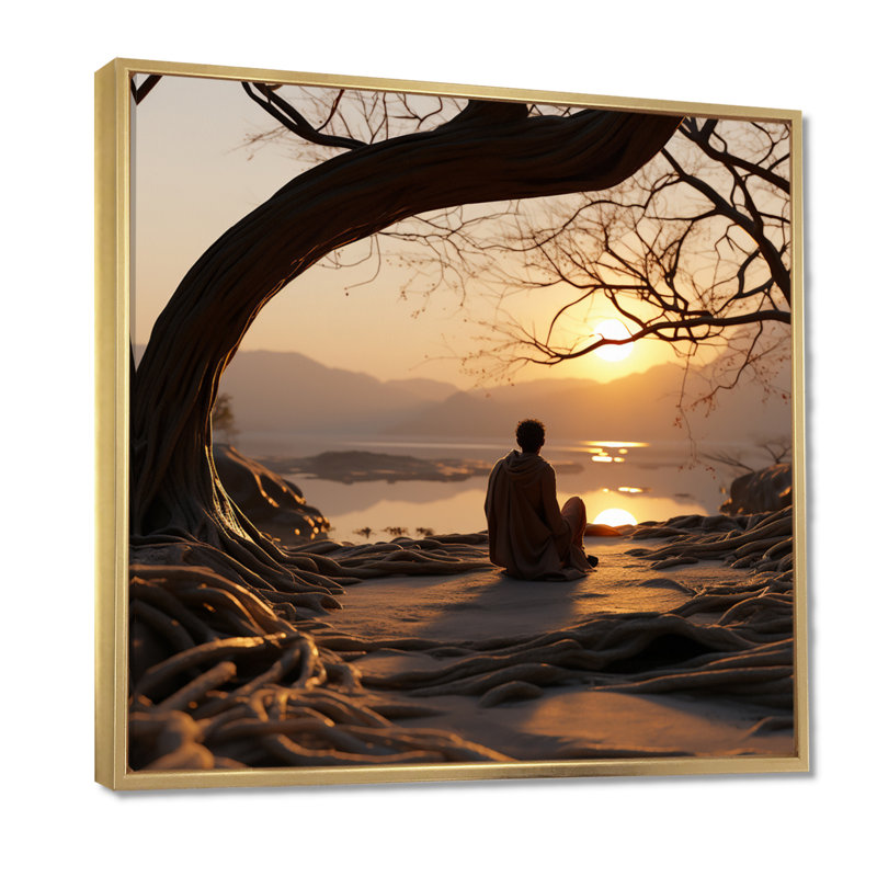 «Meditating By The Sunset River», art mural paysage religieux, Toile avec cadre flottant or, H 36 po x l 36 po x P 1,5 po