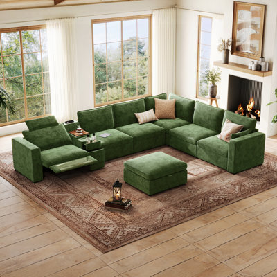6 Seater Chenille Oversized Modular Sectional Sofa With Power Recliner Cloud Reclining Couch With Headrest Storage Drawer Charging Cup Holders Deep L-shaped With Corner And Ottoman