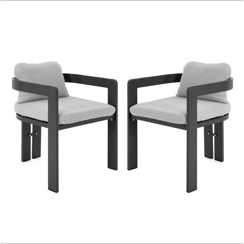 Chaise de patio d'extérieur en aluminium Pula, ensemble de 2, finition noire avec coussin gris