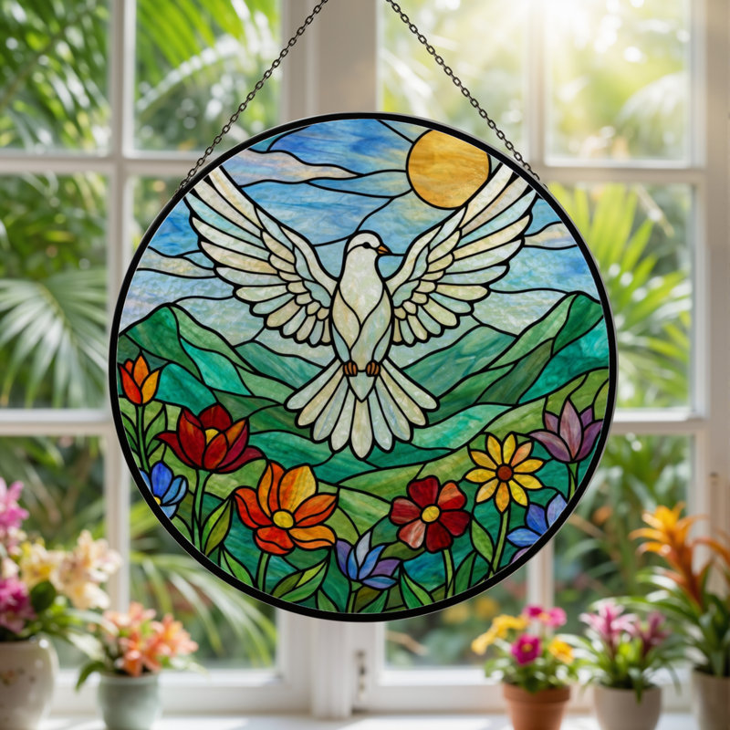 12"H Dove Sky Stained Glass Window Panel, 12" H x 12" W