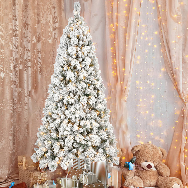 Arbre de Noël floqué avec lumières DEL blanc chaud, 8', Illuminée