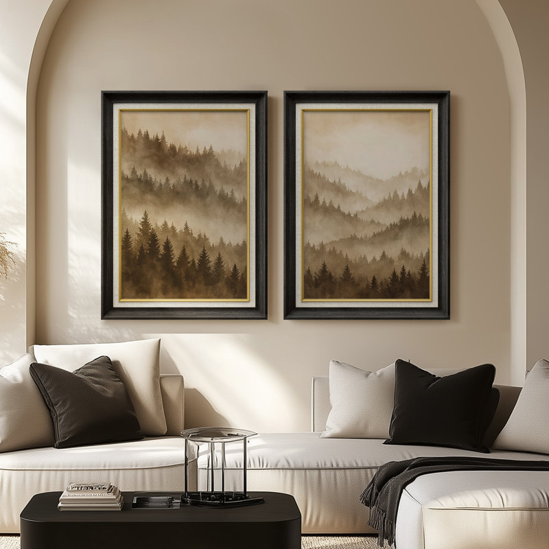 «Warm Misty Mountain Forest Layers» aux tons neutres - ensemble de 2 reproductions d'art encadrées de qualité supérieure sur papier 26 po x 36 po