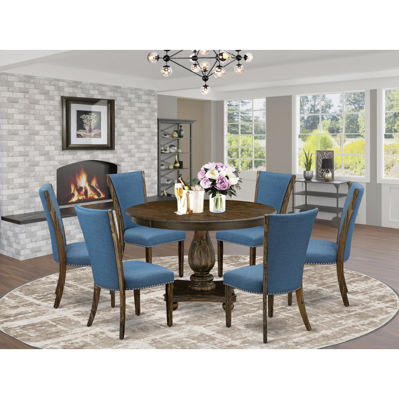 Distressed Jacobean Finish Round Dining Table with 6 Blue Linen Chairs