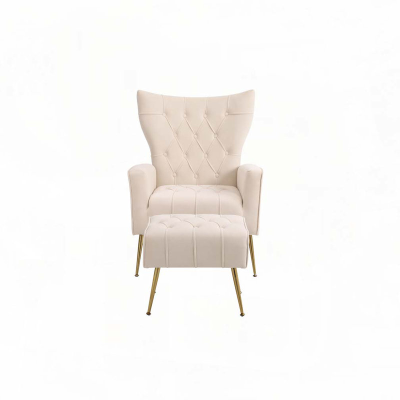 Membrano Modern Accent Chair With Ottoman, Comfy Armchair For Living Room, Bedroom, Apartment, Office, Beige Velvet
