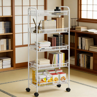 5-Tier Rolling Utility Cart With Locking Wheels, Heavy-Duty Metal Storage Cart With Mesh Baskets For Kitchen, Bathroom, Office, And Home Organization