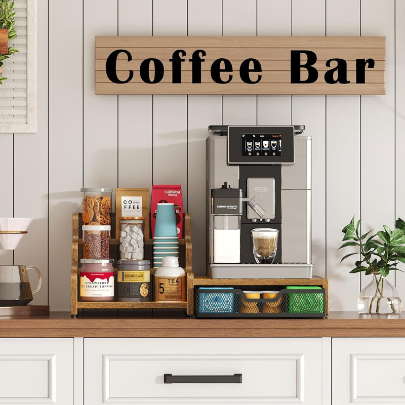 Organisateur de station de café avec porte-gobelet K, capacité de 28 dosettes, support à sirop à 3 niveaux avec tiroir porte-dosette, brun rustique