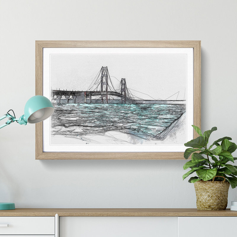 Mackinac Bridge in Michigan - Picture Frame Graphic Art Print, 36cm H x 48cm W x 2cm D, Oak Framed