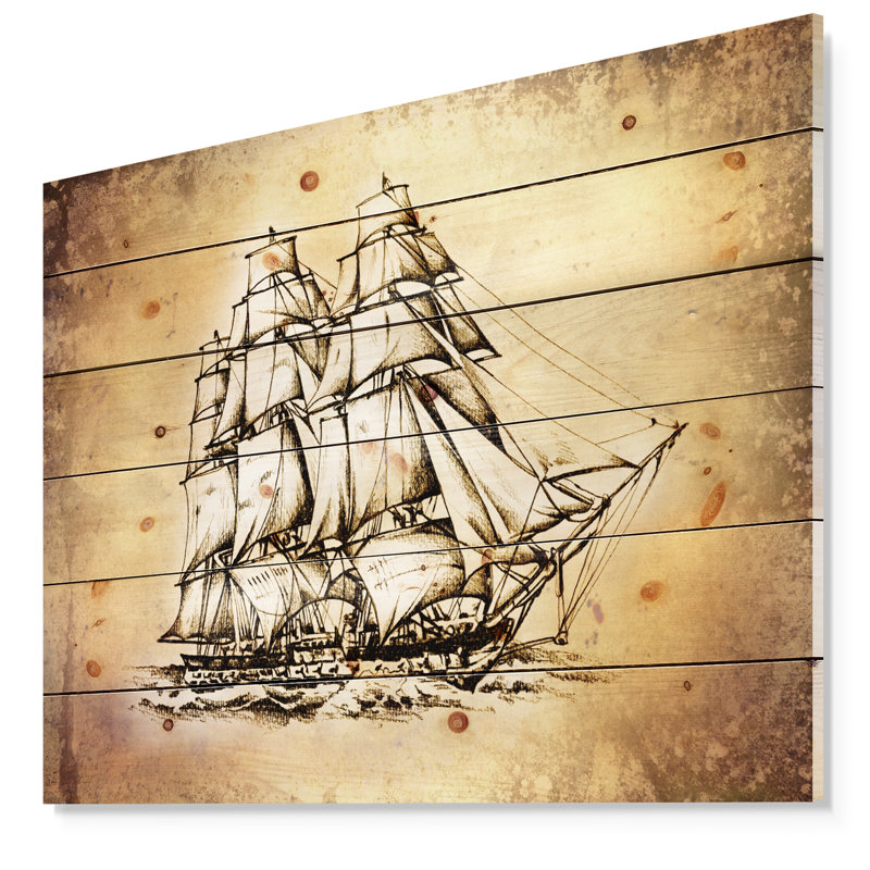 « moving old voilier drawing », peinture, Bois, H 30 po x l 40 po x P 1,5 po