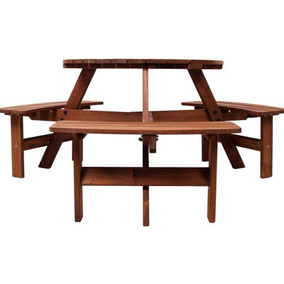 Table de camping pour 6 personnes, 3 bancs de pique-nique ronds en bois, trou de parasol, plateau de table de 35 pouces, table craquelée, bords arrondis lisses, brun, robuste, 40,78 lb