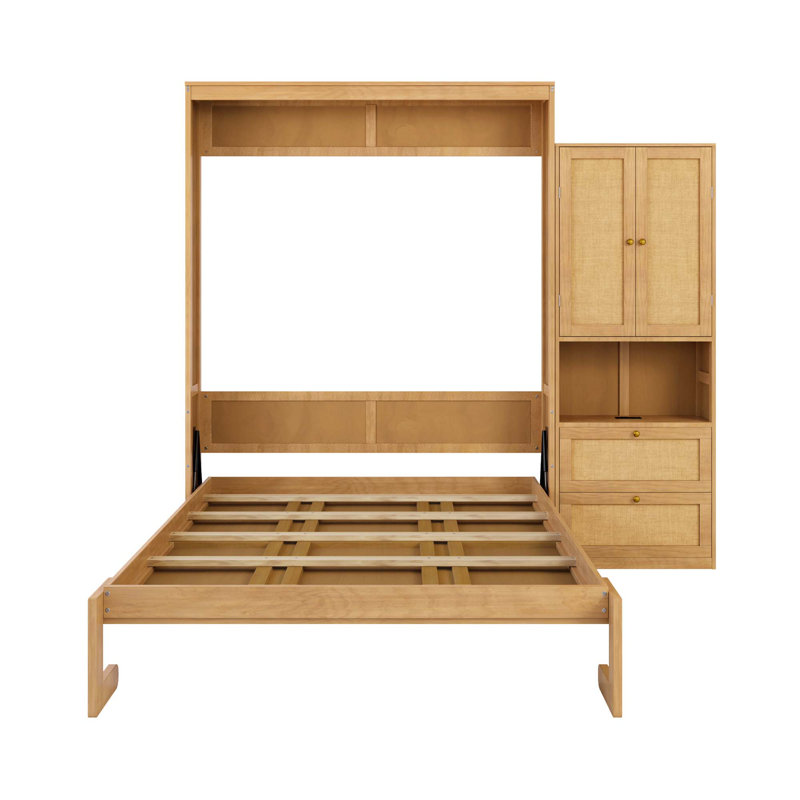 Lit escamotable en bois massif avec tablette de rangement en rotin, Naturel, Grand lit