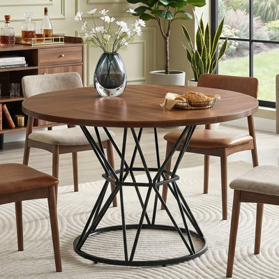 Table de salle à manger ronde de 47 po, plateau en faux grain de bois, table de cuisine industrielle moderne pour 4 personnes, base piédestal géométrique noire en métal pour petits espaces, table seulement