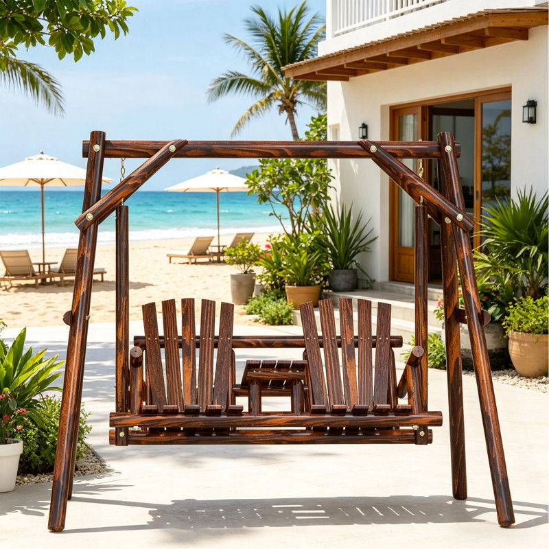 Balancelle en bois avec support, balancelle de patio 2 places avec table centrale