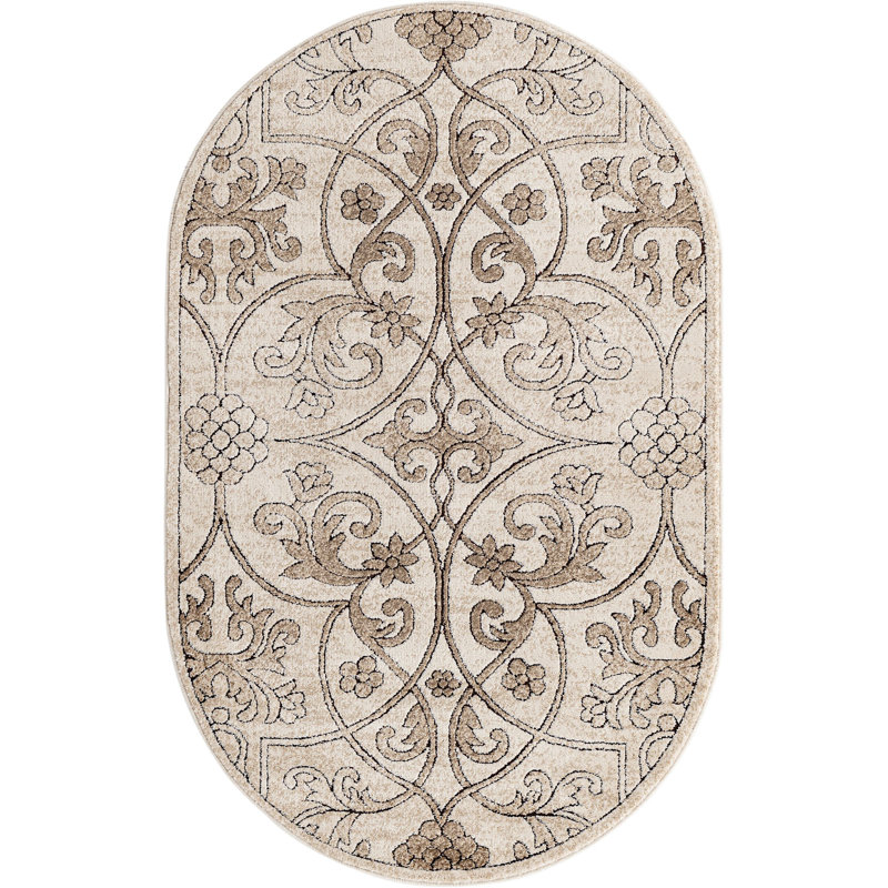 Dathon Floral Area Rug in Bone, Oval 3'3"x5'3"