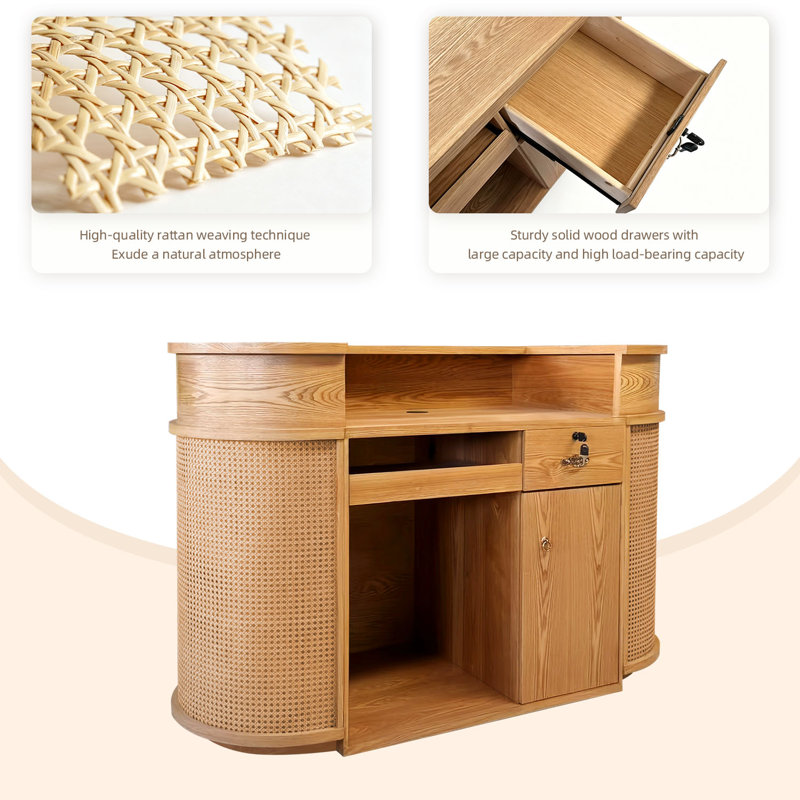 Vintage Reception Desk with Storage, Multi‑Use Front Counter for Office, Retail, Business and Check‑In Area, Natural Wood