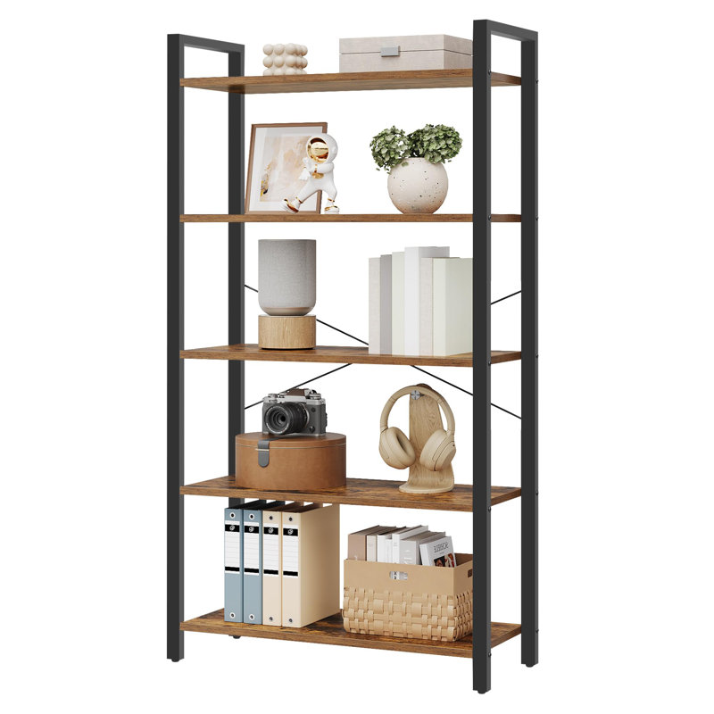 5 Tier Bookshelf in Industrial Style with Sturdy Steel Frame, Fit for Diverse Spaces, Rustic Brown + Ink Black