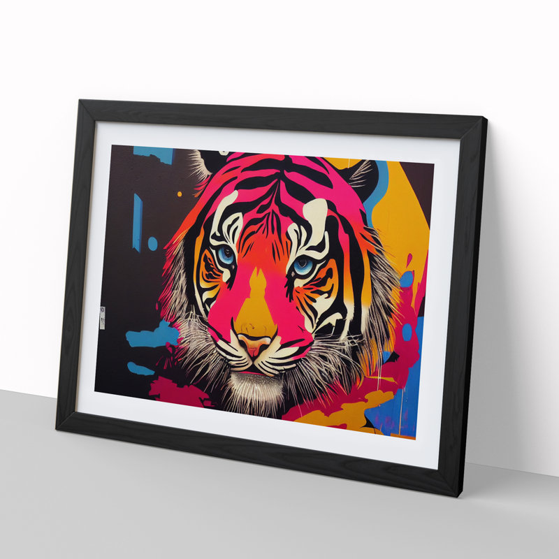Colourful Tiger Art Abstract - Single Picture Frame Print, Black Framed, 25cm H x 34cm W x 2cm D