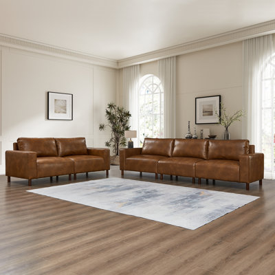 2-Piece Modern Living Room Set, 112" 3-Seater Sofa and 78" Loveseat with Solid Wood Legs, Brown