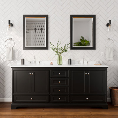 Ensemble de meuble-lavabo double 80 po Deborah en espresso foncé, comptoir en marbre de culture blanc, lavabos carrés encastrés (3 trous), garniture en chrome poli, miroirs de 24 po