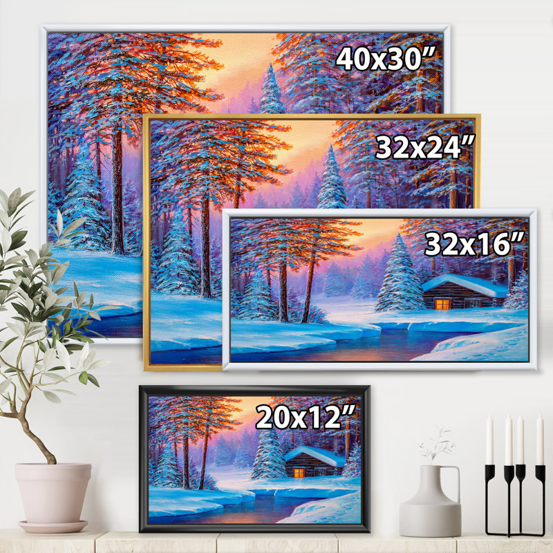 «Old Cabin In Winter Forest I», reproduction sur toile flottante, H 12 po x l 20 po x p 1 po, Cadre noir