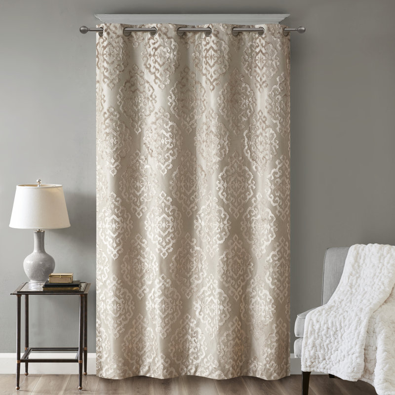 Mirage Damask Total Blackout Thermal Grommet Single Curtain Panel, Champagne, 50" W x 84" L