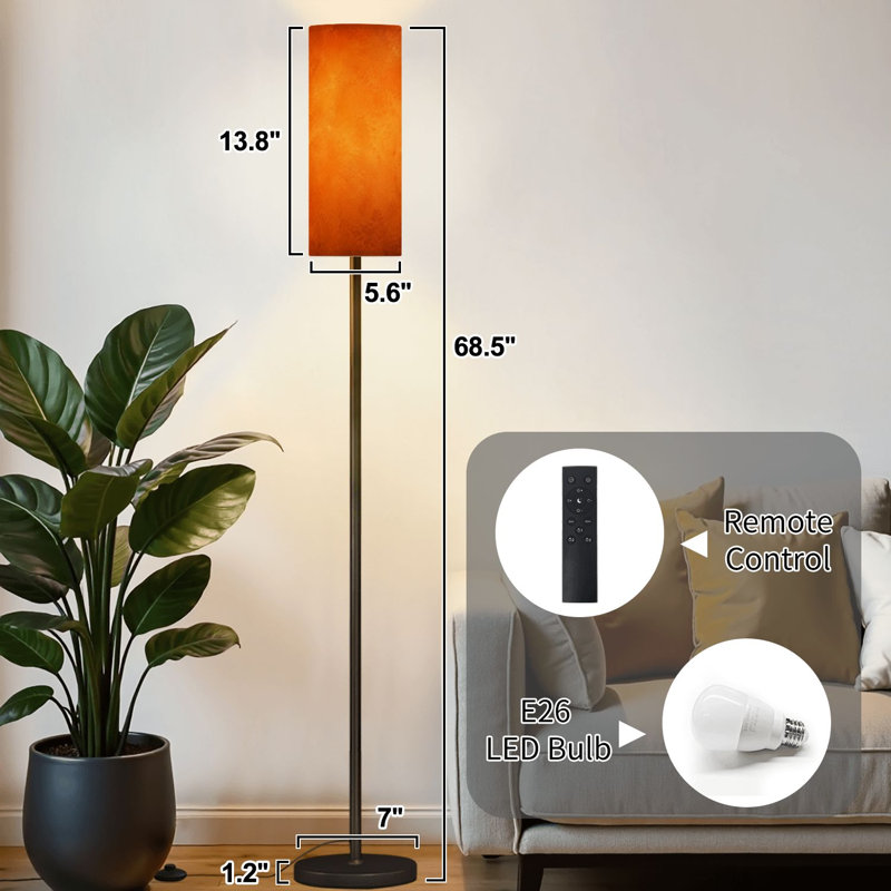 Lampe sur pied moderne orange cuivré à intensité variable avec télécommande et interrupteur au pied avec abat-jour