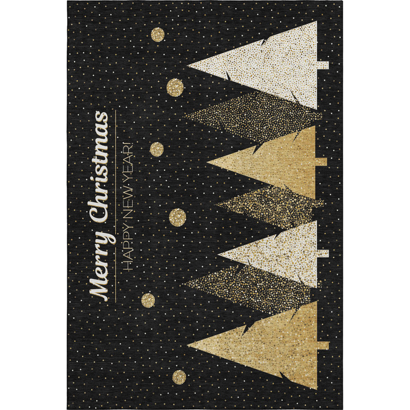 3' X 5' Black Gold And Ivory Christmas Tree Washable Area Rug With UV Protection
