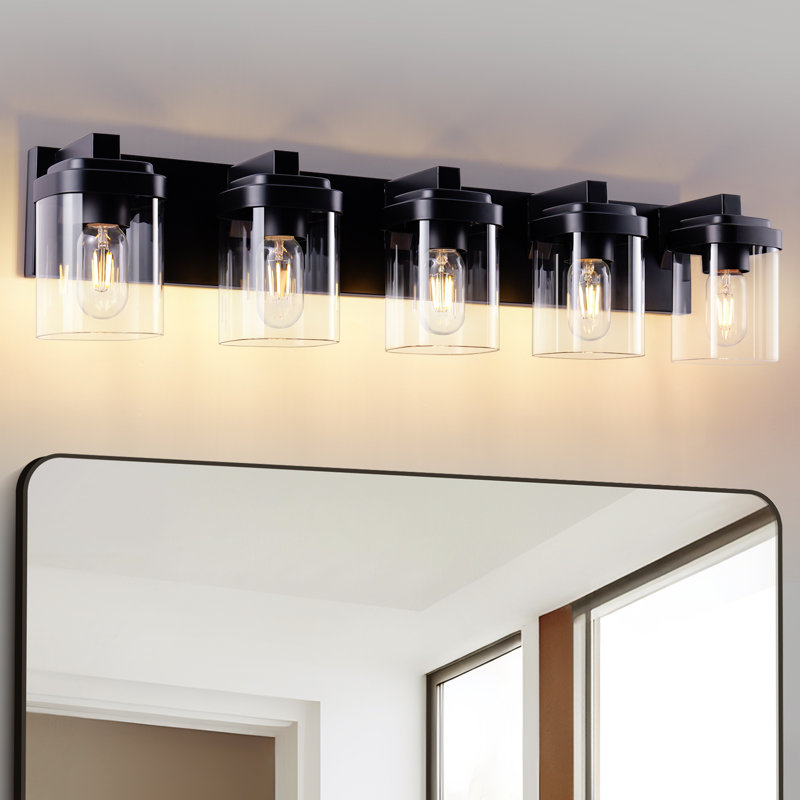 Matte Black Bathroom Vanity Light, 5-Light Vanity Lighting Fixtures Over Mirror, Square Design Wall Sconces With Clear Glass Shades