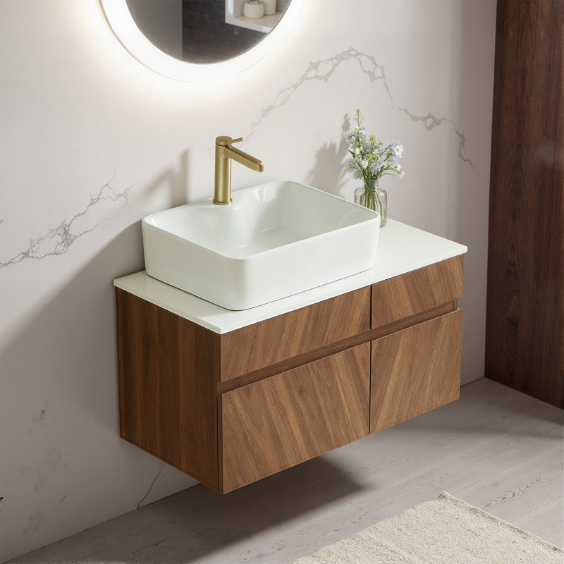 31.5" Modern Floating Bathroom Vanity with Faux Marble Top Ceramic Vessel Sink and Walnut Finish, Brown