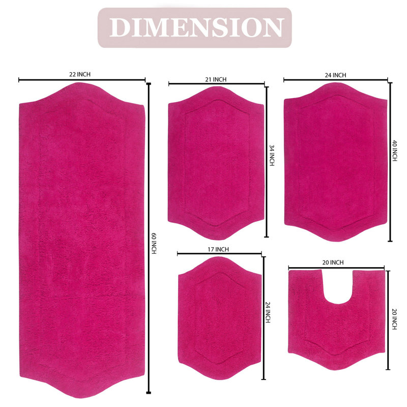 Morissette 100% Cotton Bath Rug, Quick Dry, Machine Washable, Non-Slip, Ultra Absorbent - 5 Piece Set, Hot Pink