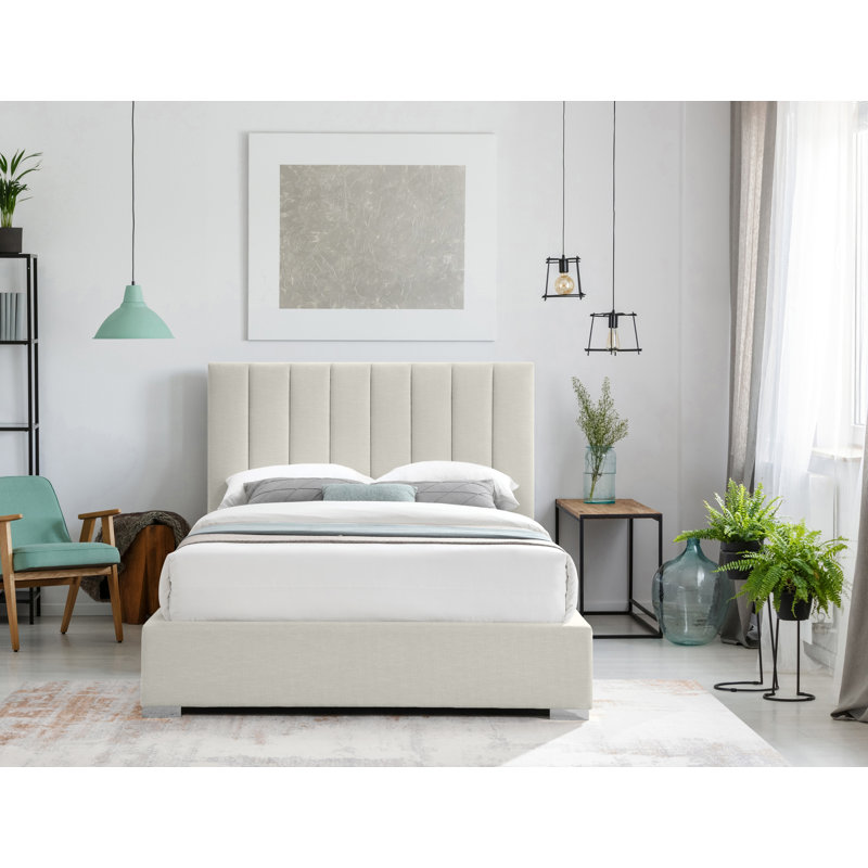 Pierce Solid Wood and Upholstered Platform Bed, Beige Linen Textured Fabric, King
