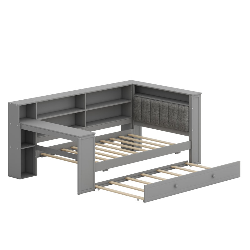 Lit plateforme moderne avec bureau intégré, station de charge et éclairage DEL, Grey+ Grey Cushion