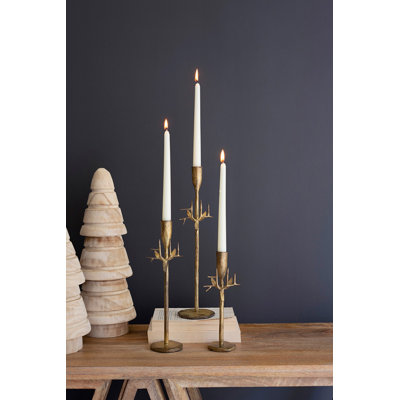  Set of 3 Forged Iron Deer Antler Taper Candle Holder Antique Gold
