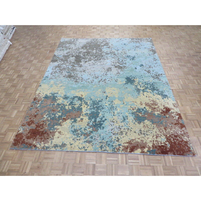 Tapis unique en laine noué à la main gris / bleu 9 pi 1 po x 11 pi 8 po Mahulena