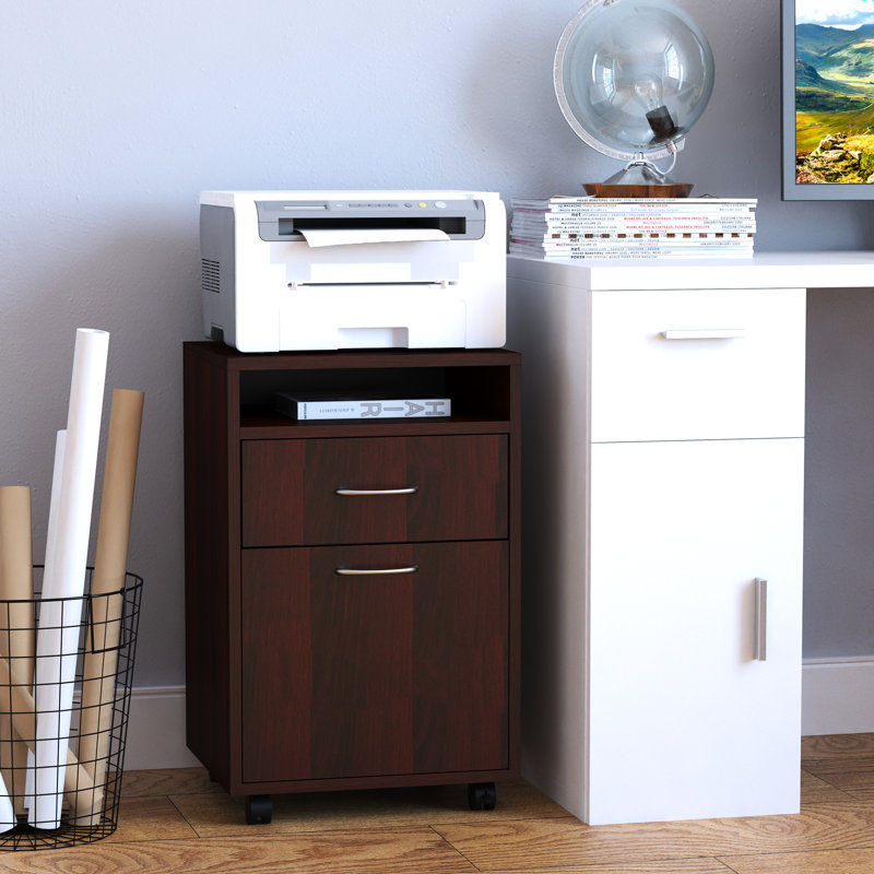 Armoire de rangement mobile brune et support pour imprimante avec tiroir, amplement nécessaire pour le bureau, compacte à placer sous le bureau, 4 roulettes omnidirectionnelles faciles à déplacer, - Bois de particules recouvert