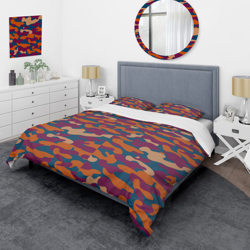 Camouflage multicolore et orange tendance - ensemble de housse de couette abstrait - microfibre de polyester